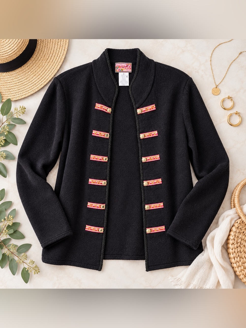 April Cornell Cardigan with Colorful Embroidered Tabs Large